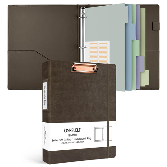 Ospelelf 3 Ring Binder 1 Inch Round Ring, Vintage Hardcover Leather Clipboard Organizer for Letter Size, Professional Binder with Dividers and Tabs, Brown