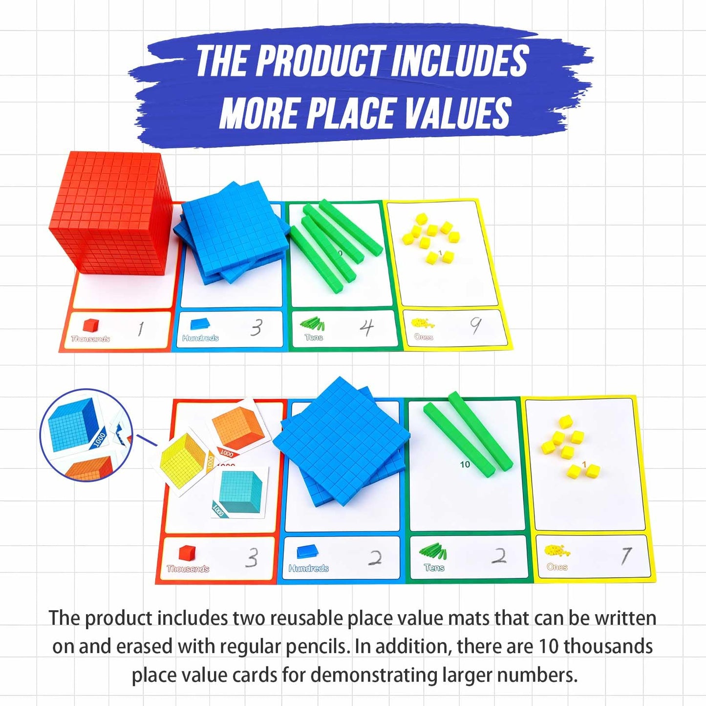 MATIFANER Base Ten Blocks with 2 Writable Erasable Place Value Mats, Upgraded 3-in-1 Storage, Sturdy Plastic Math Manipulatives Counting Blocks for Students, Homeschool, Classroom, Special Education