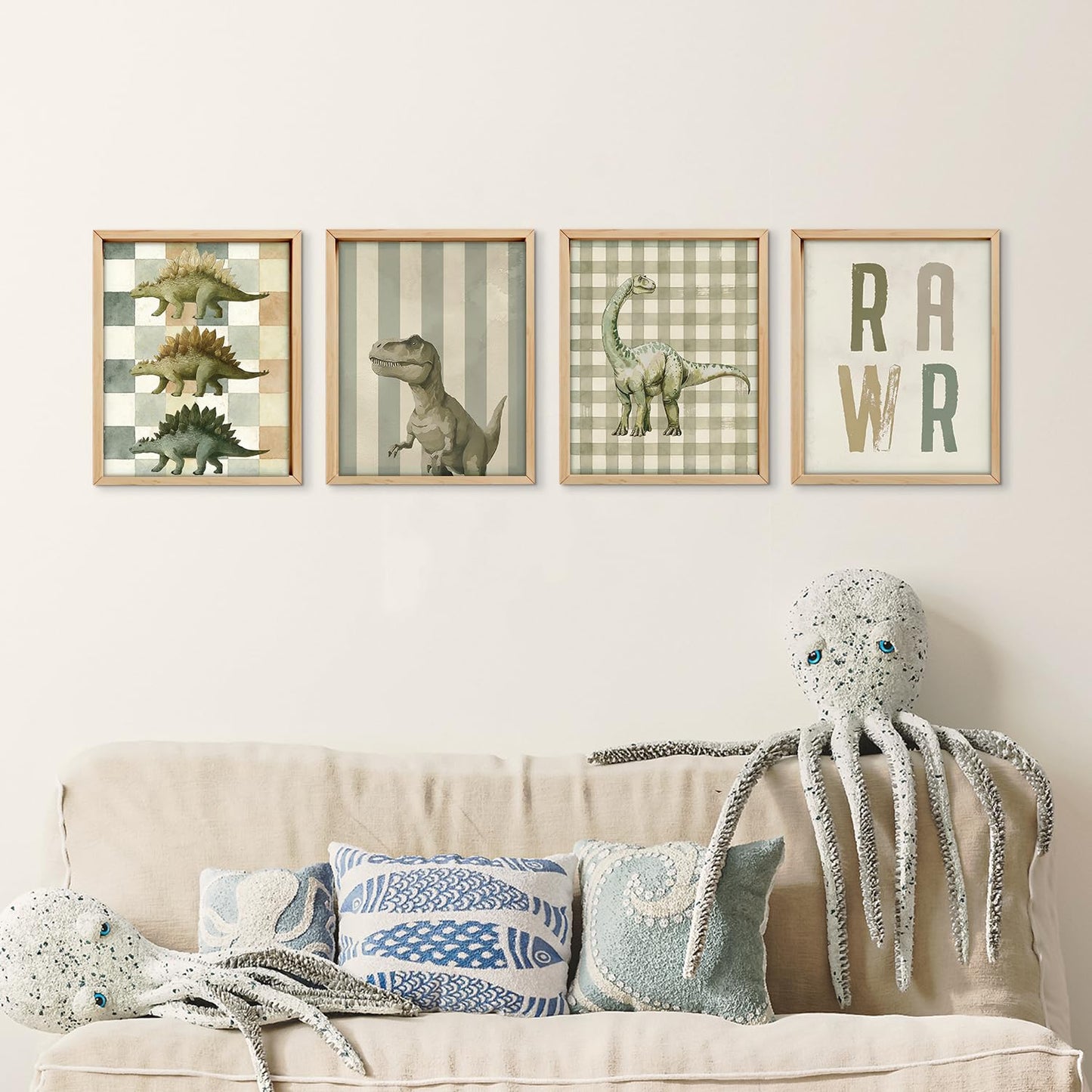 VONTP Retro Funny Dinosaur Wall Decor for Boys Toddler, Dino Rawr Wall Art for Green Dinosaur Room Decor for Kids Bedroom Classroom Playroom, 8x10 Inch Set of 4 (Unframed)