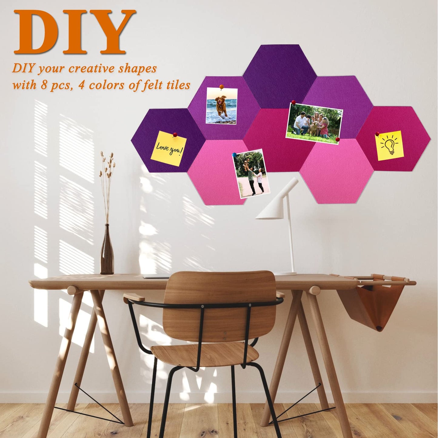 HULAVO 8Pcs Hexagon Felt Cork Board Tiles, Self Adhesive DIY Bulletin Board Pin Board for Office School Home Wall Decor Stickers Memos Photos Display (Gradual Purple)