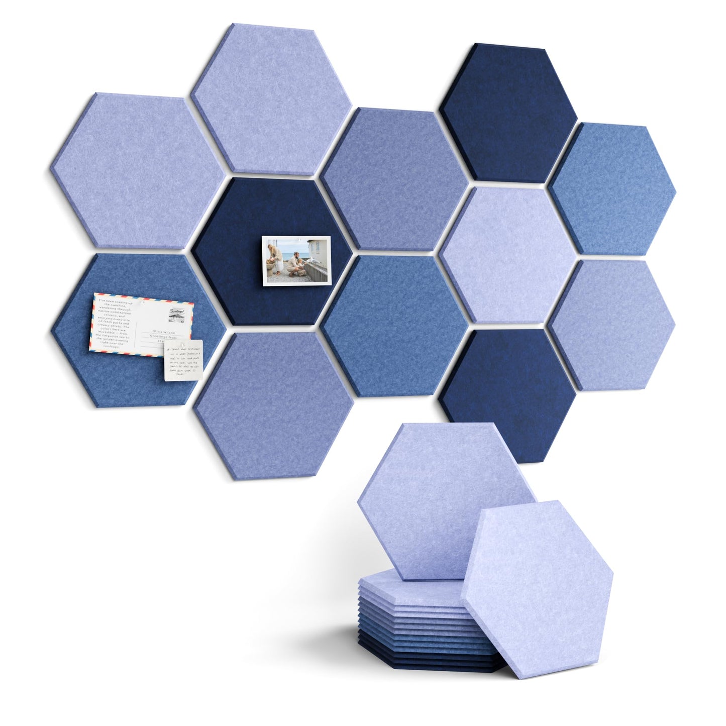 Fluxynara Hexagon Cork Board Alternative for Walls Decor-12-Pack Felt Bulletin Board Tiles,with 30 Pushpins,70 Adhesive Tabs for Office,Classrooms & Home Pin Board Felt Board-Denim Mist