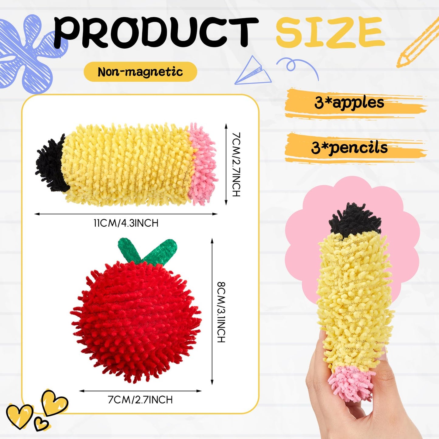 Wonderjune 6 Pcs Mini Dry Erase Eraser for Kids Lap Boards, Cute Pencil Apple Shaped Microfiber Shag Board Erasers Bulk, Funny Teacher Classroom Rewards Student Desk Decor, School Supplies Gifts