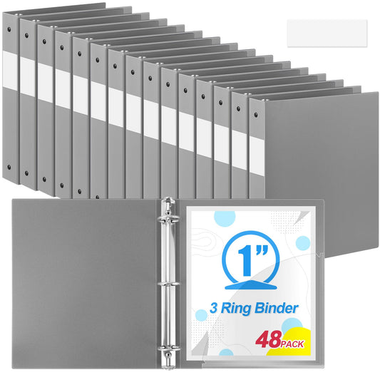 Henoyso 48 Pack 1 Inch 3 Ring Plastic Binders, Bulk Flexible PP Binders for Classroom & School Supplies, Letter Size 8.5 x 11, Holds 240 Sheets with Interior Pocket (Grey)
