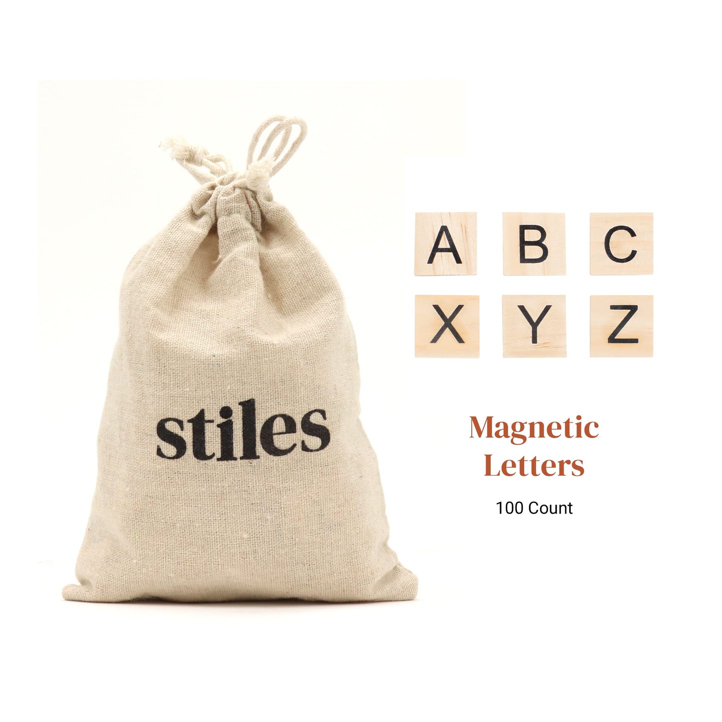 Stiles 100 Piece Magnetic Wooden Letter Tiles - Alphabet Magnets for Whiteboards, Refrigerators & Magnetic Letter Boards - Changeable Letters for Craft & Announcements, Natural