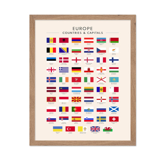 Poster Master Flags of Europe Poster - European Countries & Capitals Print - Learning Materials Art - Gift for Student & Teacher - Wall Decor for School, Classroom or Library, 11x14 Beige Framed