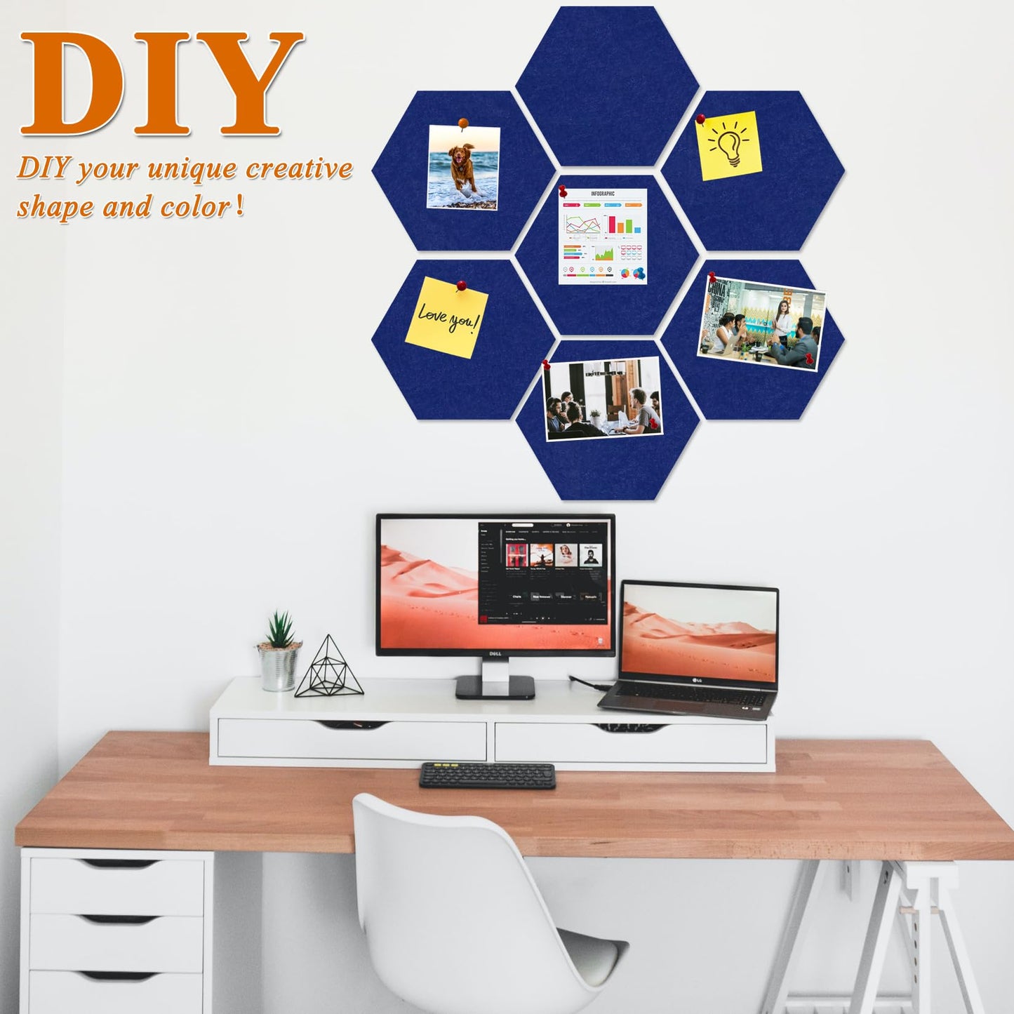 HULAVO Large Hexagon Felt Cork Board Tiles, Self Adhesive DIY Felt Bulletin Board Pin Board with 35 Pushpins for Office School Home Wall Decor Stickers Memos Photos Display(Dark Blue)