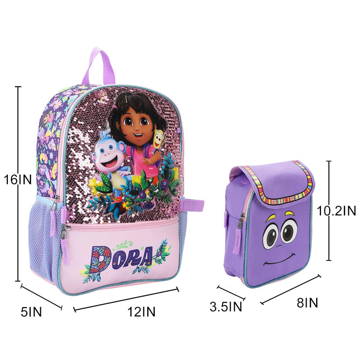 Bioworld Dora the Explorer Animated 5-Piece 16” Backpack And Lunch Set For School & Travel