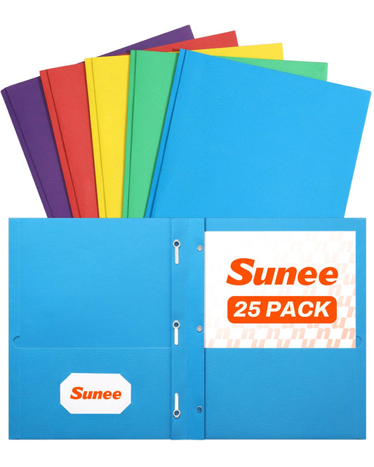 SUNEE 2 Pocket Folders with Prongs (25 Pack, Assorted Colors), Paper Folders with 2 Pockets and 3 Prongs Fit Letter Size Paper, Folders with Prongs for School Office Home Business