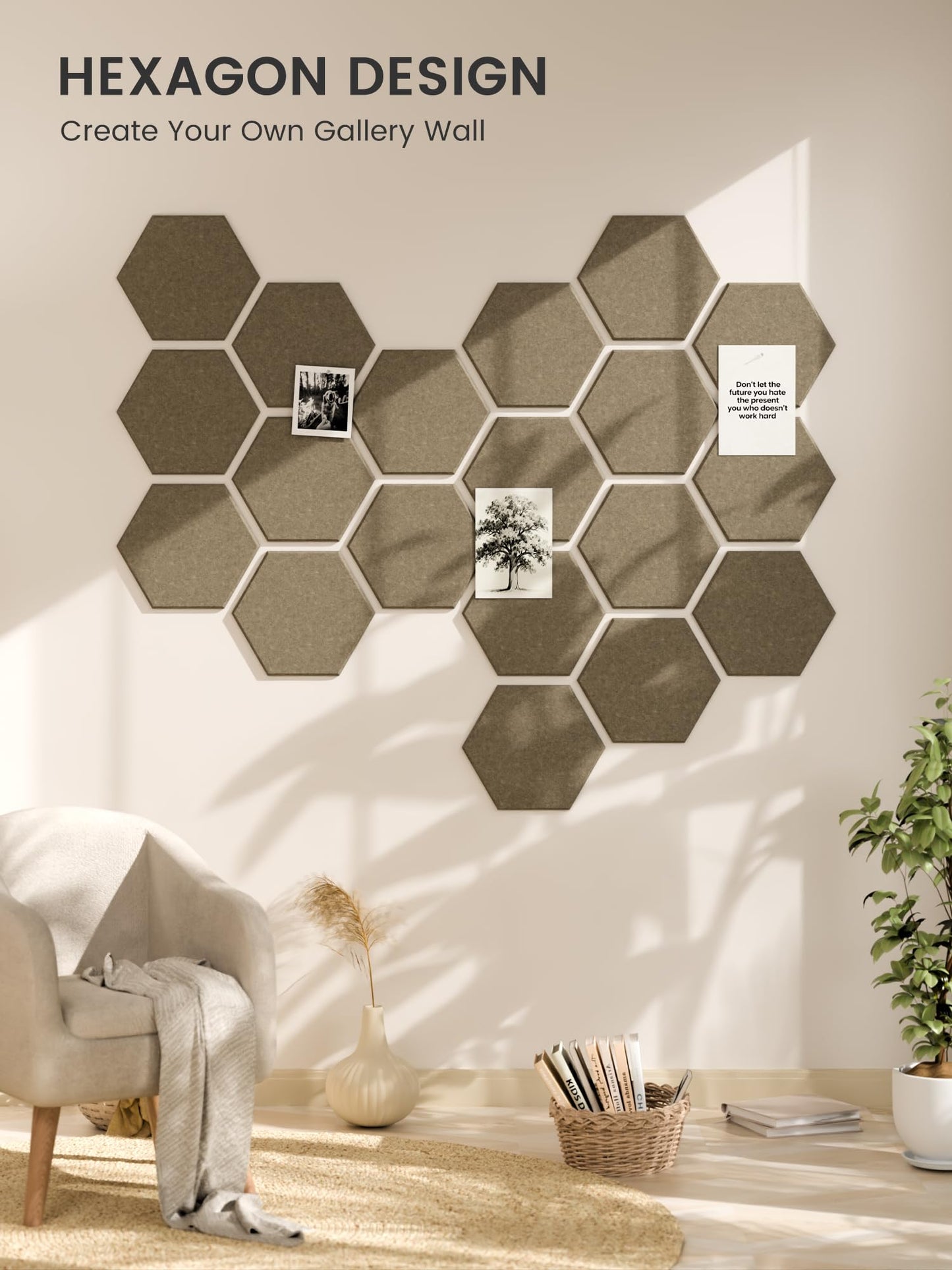 Fluxynara Hexagon Cork Board Alternative for Walls Decor-12-Pack Felt Bulletin Board Tiles,with 30 Pushpins,70 Adhesive Tabs for Office,Classrooms & Home Pin Board Felt Board-Earth Brown