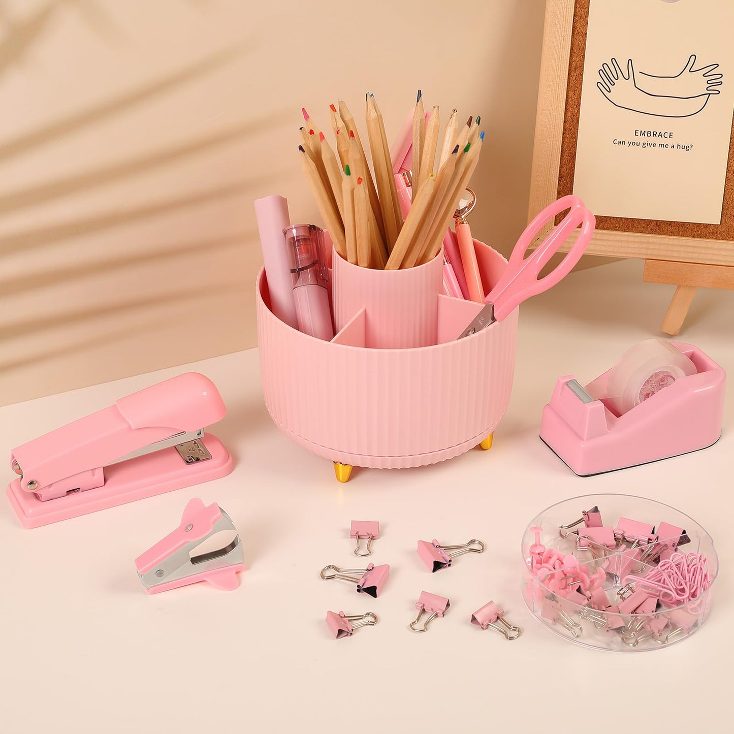 SKYDUE Pink Desk Accessories 10Pcs, Rotating Pen Holder for Desk, Stapler, Staple Remover, Tape Dispenser,2pcs Tape Refills, Binder Paper Clips Kit, Scissor,Pink Office School Supplies