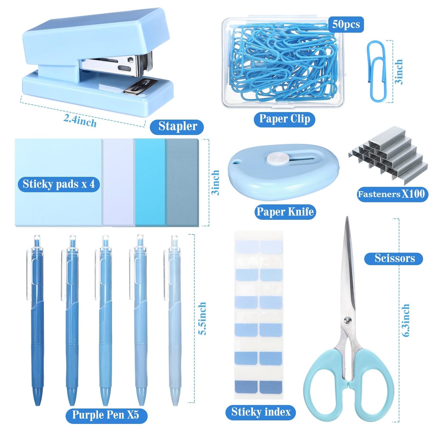 Humyoun Mini Blue Office Supplies Kit Blue School Supplies Christmas Gift Desk Accessories with Gel Pens Sticky Notes Stapler Scissor Paper Clips Index Tabs Box Cutter for Christmas Gifts Office
