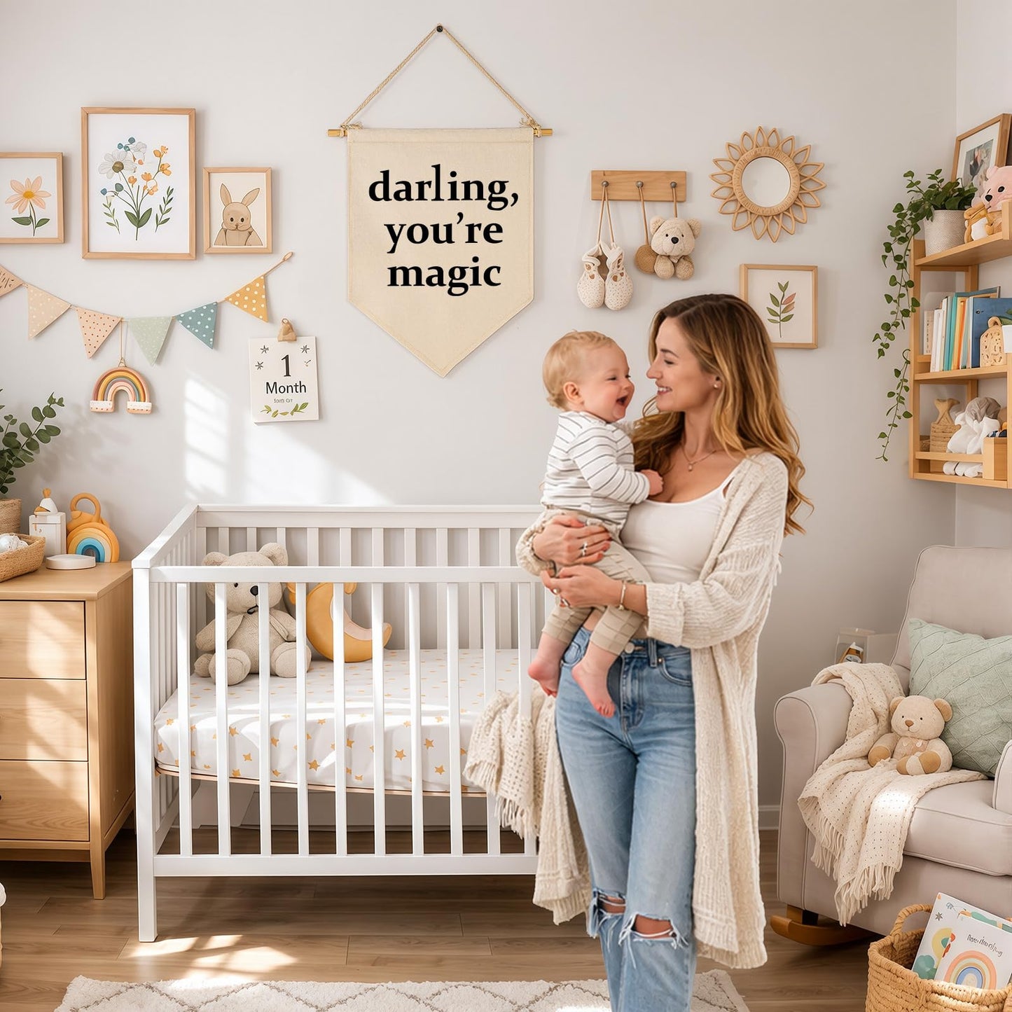 Darling You're Magic - Canvas Hanging Pennant Flag Banner Wall Sign Decor Gift for Nursery Baby Kids Girl Boy Teen Bedroom Playroom Decor- Birthday Christmas Gift