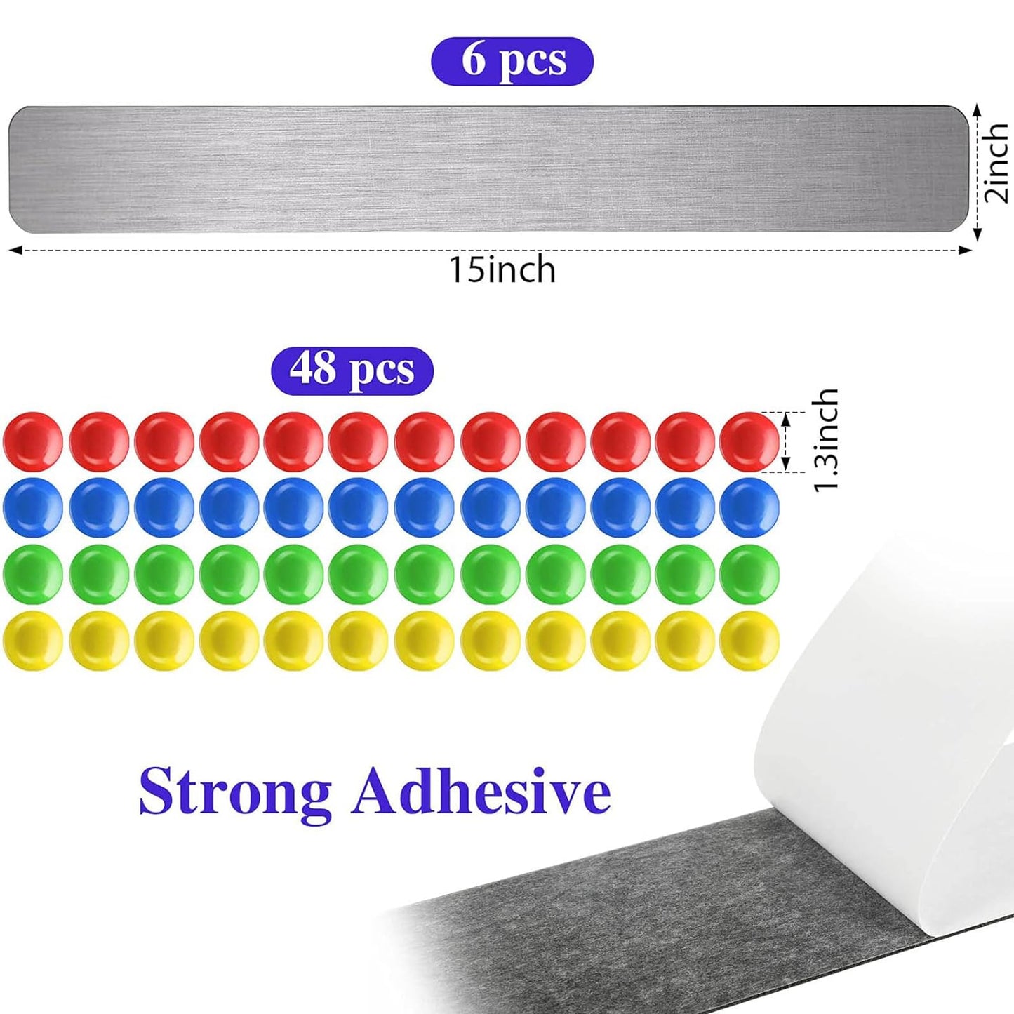 Outus 6 Pcs 15" x 2" Magnetic Wall Strips, Magnetic Bulletin Board Strip Set with 48 Pcs Colorful Magnets, Metal Display Board for Office Home Notes Photos(Silver)