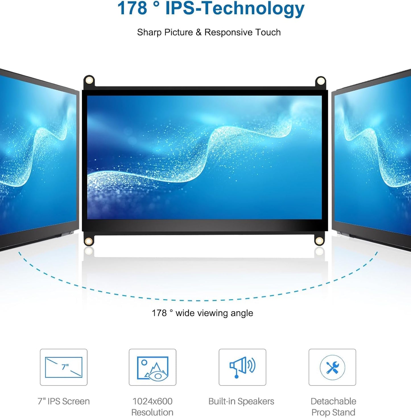 NLIEOPDA 7 Inches Touchscreen Monitor, HD 1024×600 IPS LCD Capacitive Touch Screen Compatible with R Pi 4B/3B+/3B/2/1B+/Zero Ora Pi 5 Por/3 Plus/3B/4B Ban Pi and Windows 10/8/7 (CX-070-A2 US)