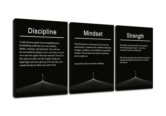 PSYYSP 3 Piece Motivational Wall Art Discipline Strength Mindset Quotes Canvas Pictures Framed Black And White Inspirational Posters For Office Decor Home Gym Modern Minimalist Artwork, 36x16 Inch