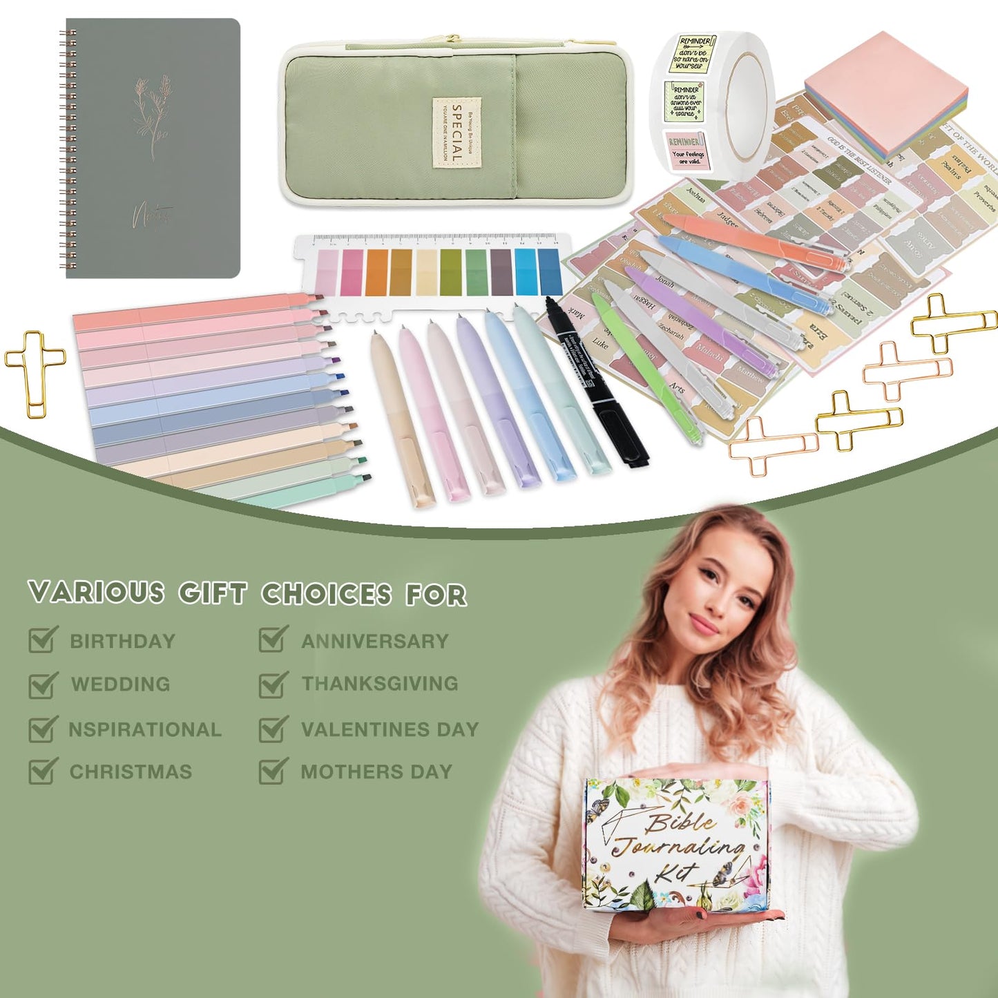 HRFGWDD Bible Study Supplies Kit for Women 96PCS Bible Journaling Kit with Bible Tabs for Women,Bible Highlighters and Pens, Bookmark, Journal, Bible Bag, Stationary Gift Set[Green]