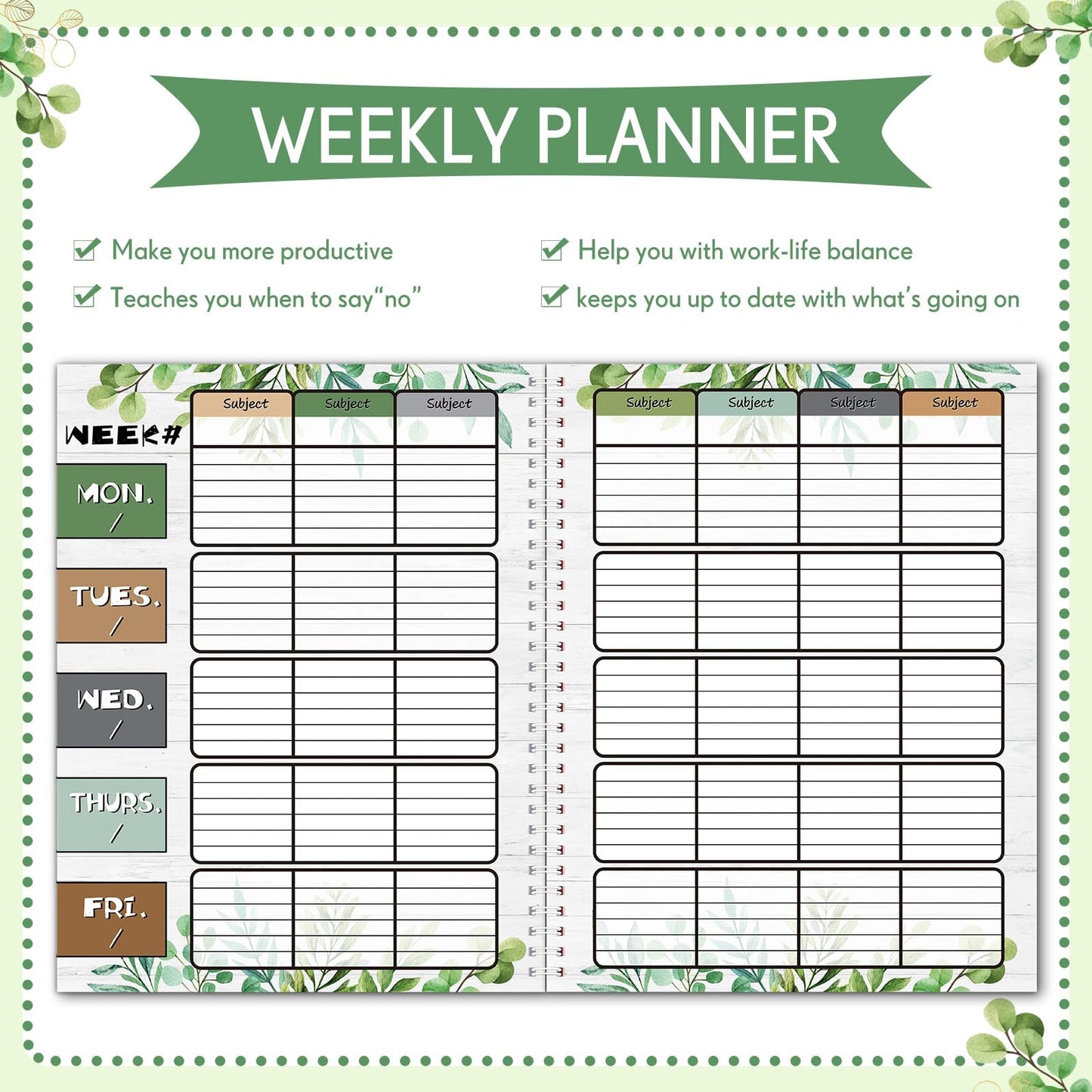 Fuyoooo Eucalyptus Teacher Planner Undated Academic Year Teacher Lesson Planner Book Green Plants Daily Weekly Monthly Spiral Planner Checklist Organizer with Stickers for Classroom, 8.5'' x 11''