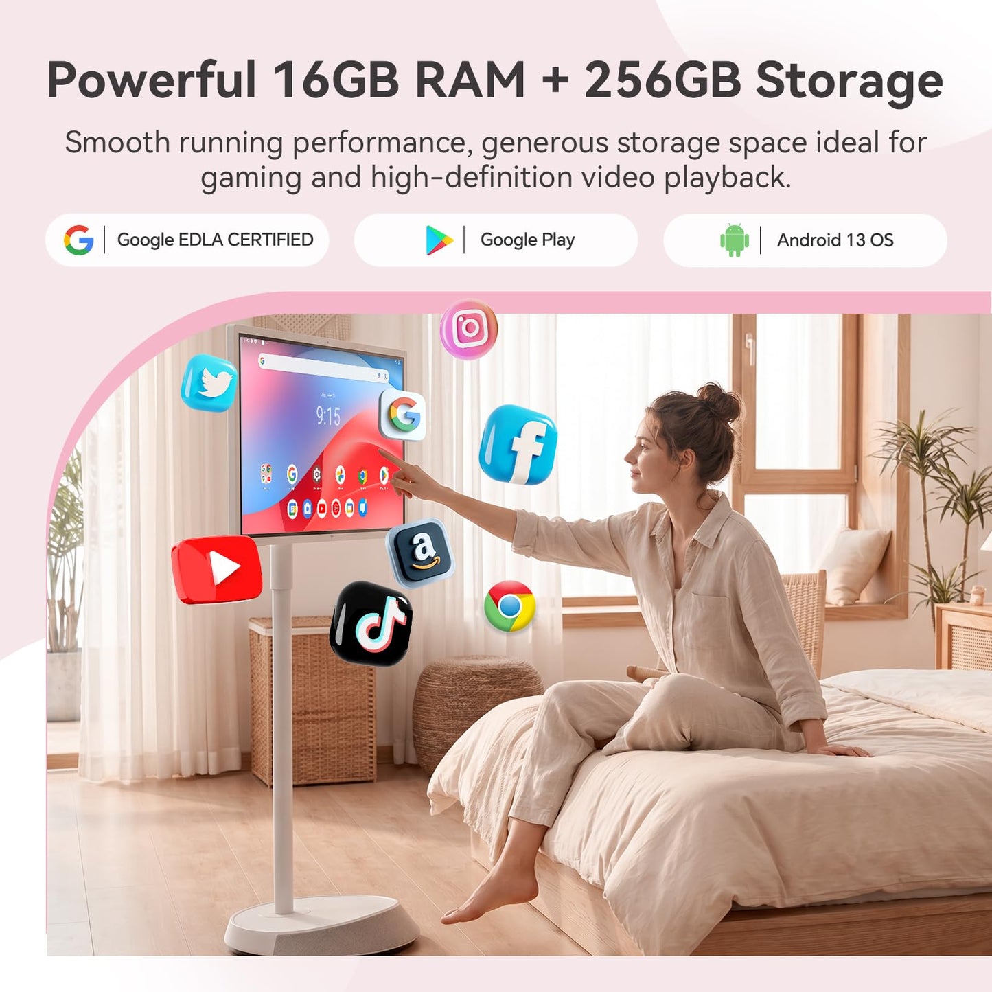 KTC 32" 4K Smart Portable TV MEGAPAD, Google EDLA Certified, UHD Touchscreen Rolling TV on Wheels with Speaker & Camera, 16G RAM+256G Storage, Built-in Battery, Full Swivel Rotation, Remote Control