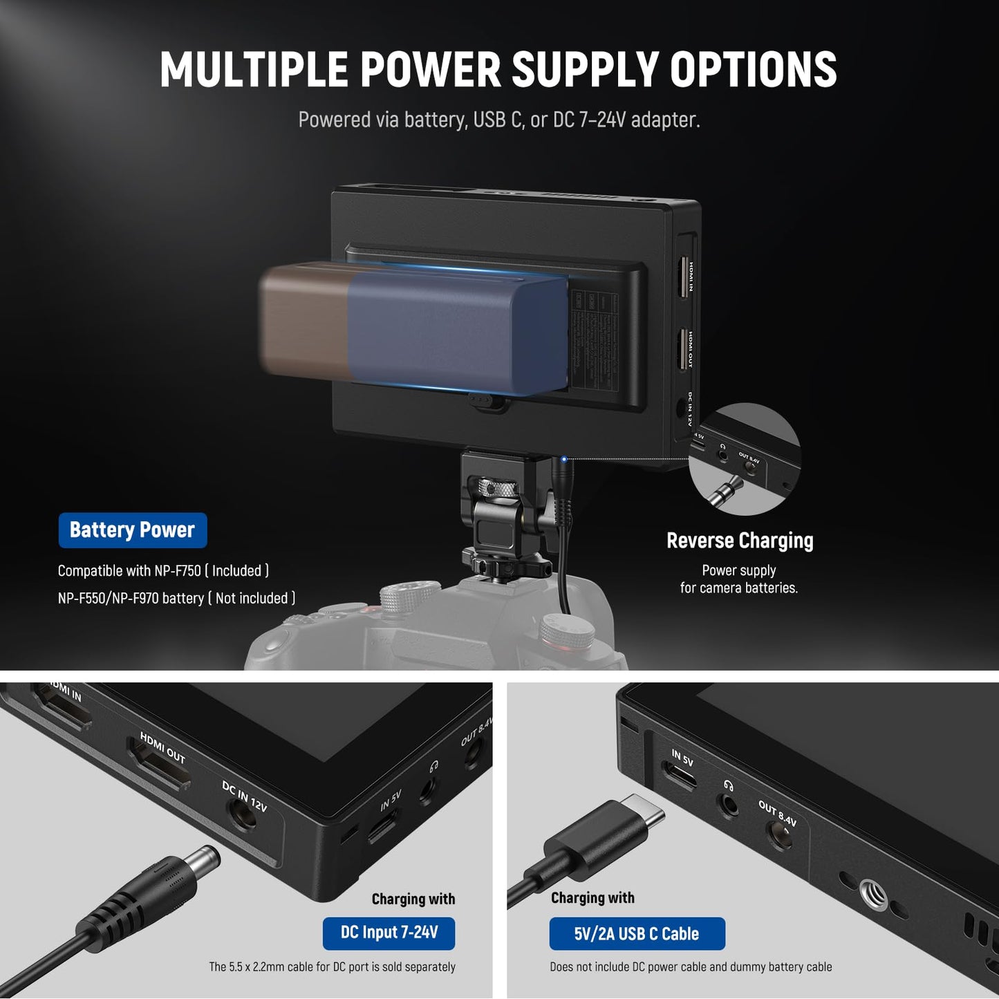 NEEWER 5.5" Camera Field Monitor, 2000nit HD 1920x1080 IPS Touch Screen, 4K HDMI Loop in/Out with 3D LUT Peak Focus DSLR Video Assist HDR Waveform, 5200mAh F750 Battery, DC7-24V/Type C 5V In, F500 PRO