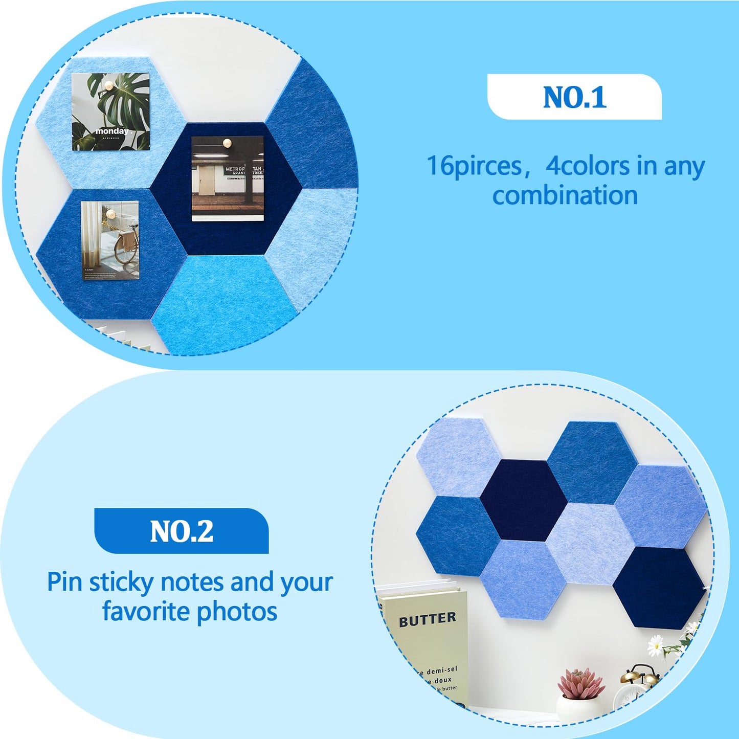 Mindsoft 16 Pcs Hexagon Cork Board for Walls with 50 Wooden Push Pins 6.7 x 5.9 in Felt DIY Tiles Notice with Nano Tape Hanging Bulletin Board for Home Photo Office Memo Note(Ocean)