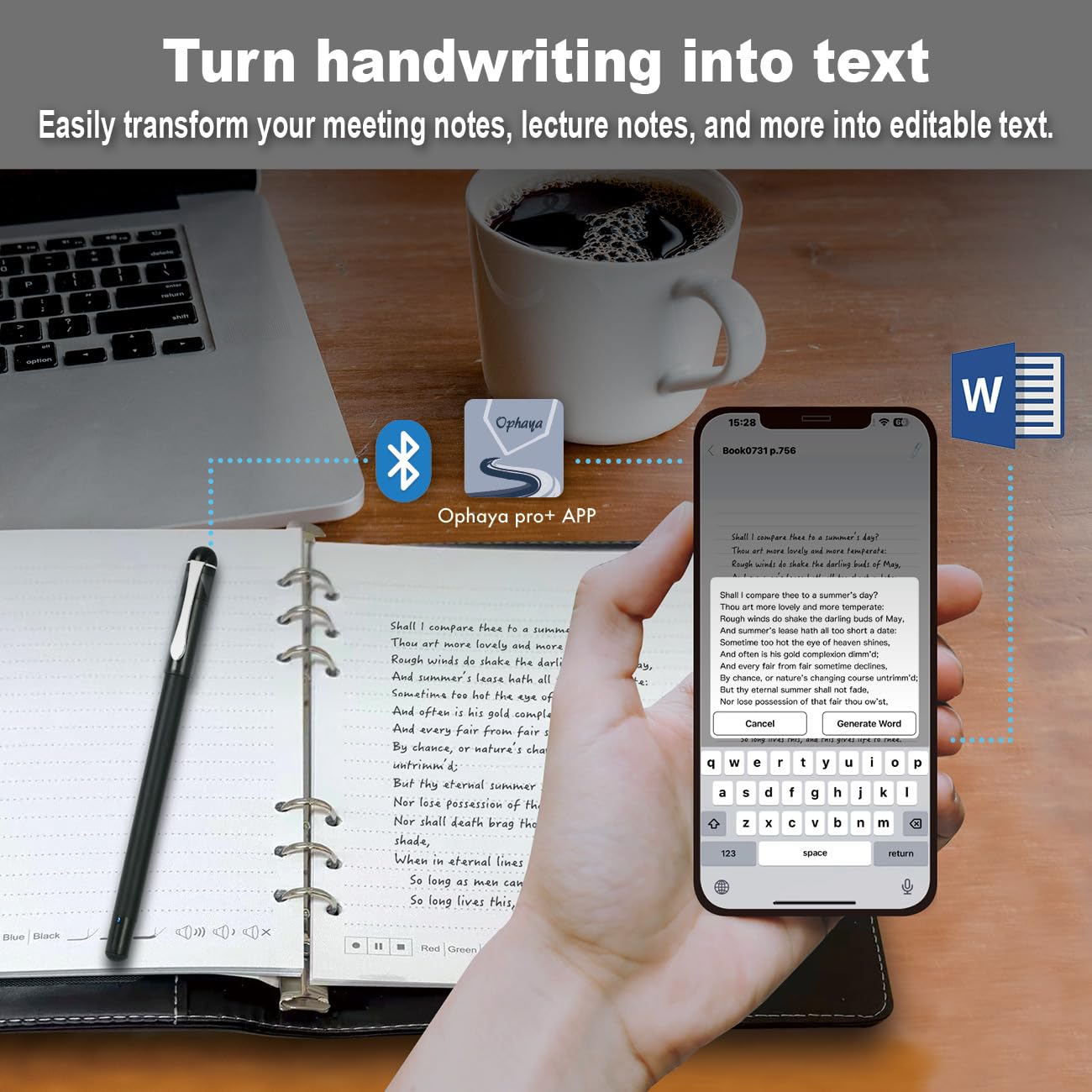 Smart Pen for Note Taking Set Real-Time Paper-to-Digital, Smart Digital Notebook with Pen for Meeting Class Creation, Convert to Text, Store, and Share Your Handwritten Notes via App(iOS/Android)