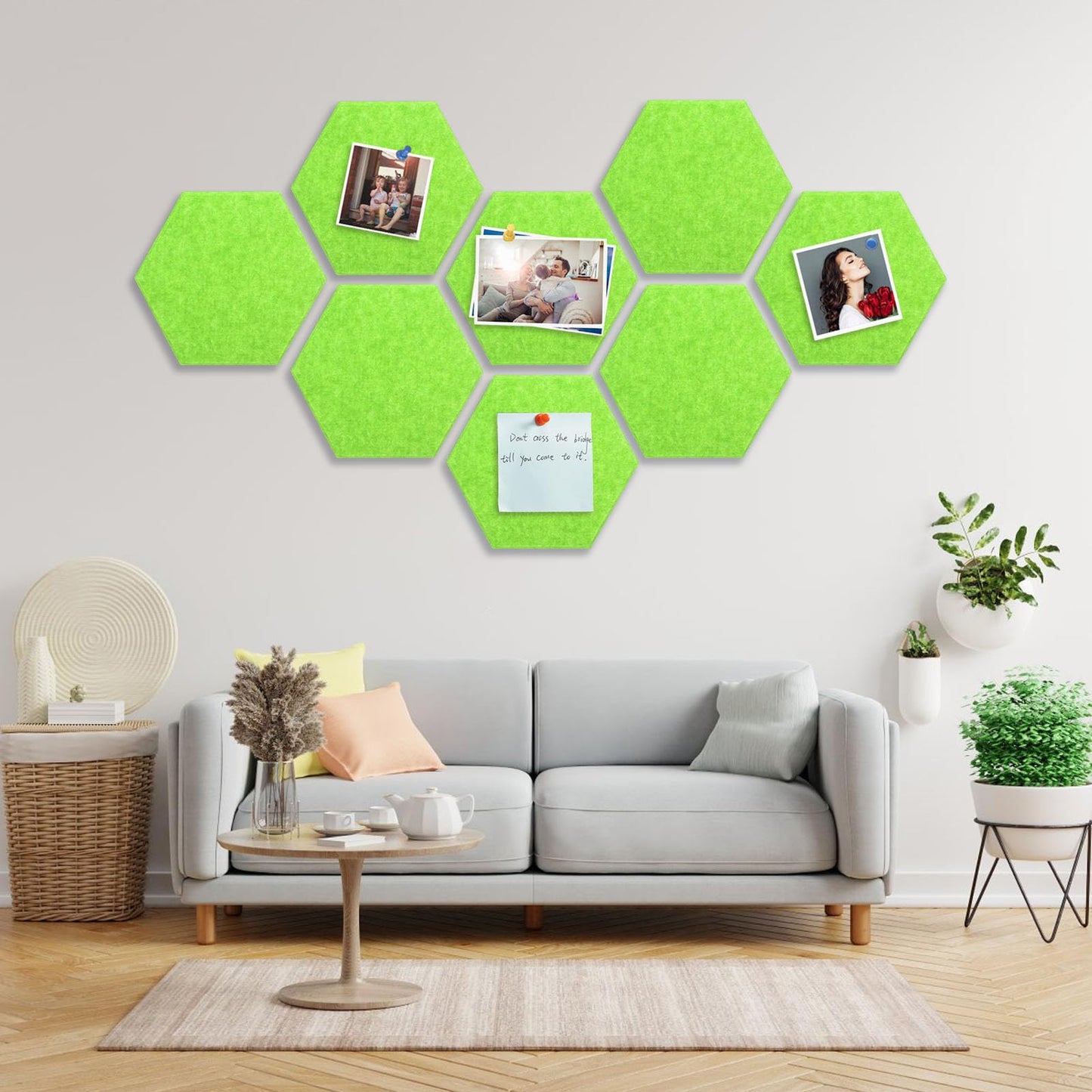 8 Packs Green Hexagon Felt Pin Board, 12" Bulletin Board with 30 Push Pins, Felt Board for Home Kitchen Office Decor, Self-Adhesive Corkboard Tiles for Walls School Message Photos Memos
