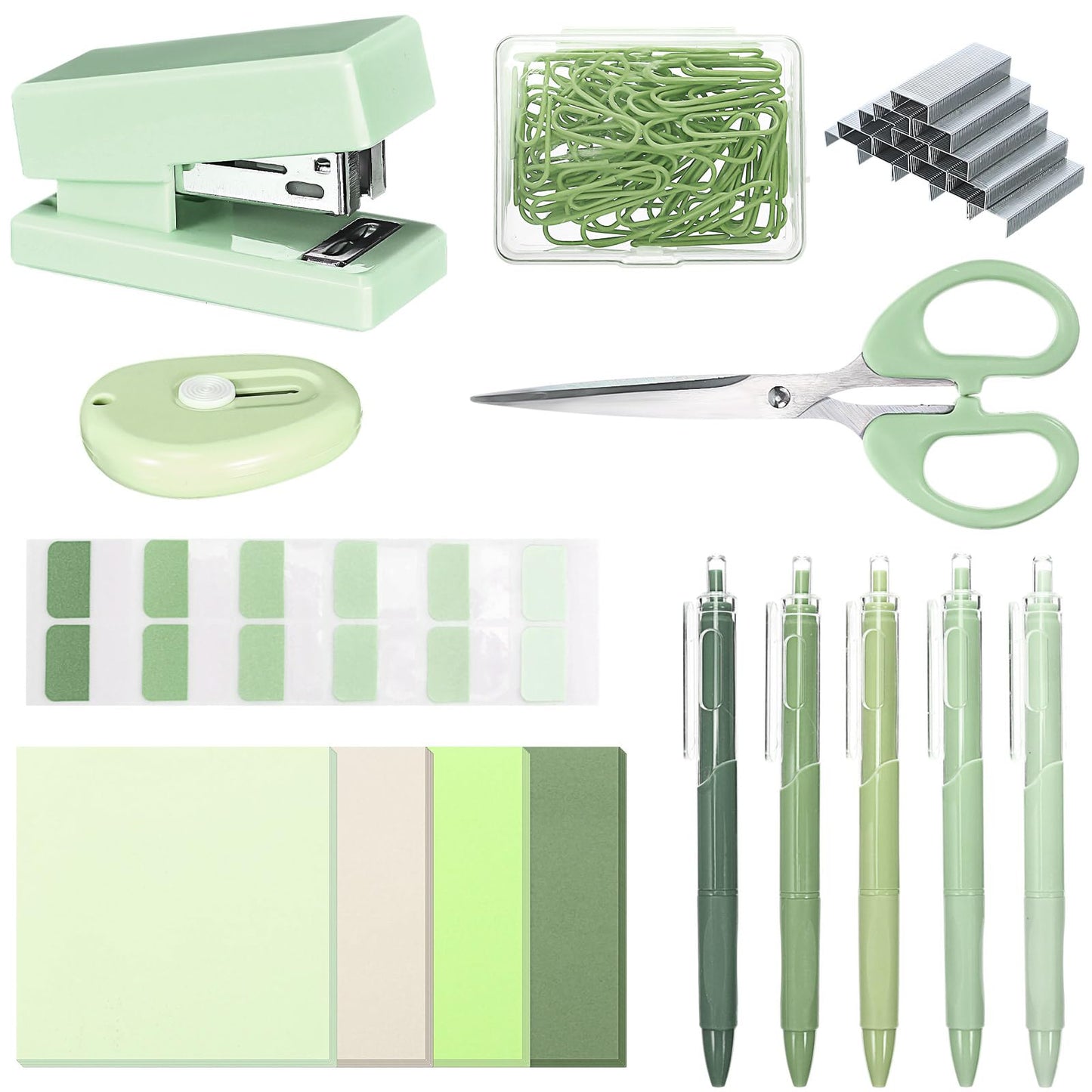 Humyoun Mini Green Office Supplies Kit Green School Supplies Christmas Gift Desk Accessories with Gel Pens Sticky Notes Stapler Scissor Paper Clips Index Tabs Box Cutter for Christmas Gifts Office