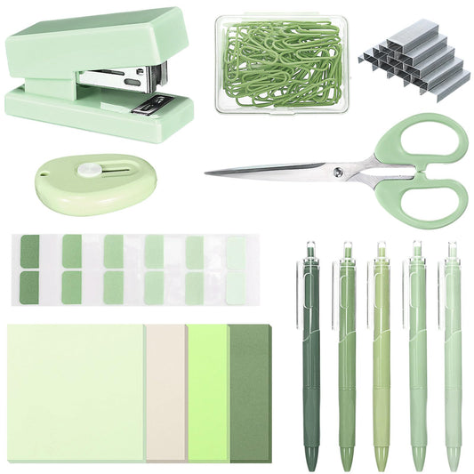 Humyoun Mini Green Office Supplies Kit Green School Supplies Christmas Gift Desk Accessories with Gel Pens Sticky Notes Stapler Scissor Paper Clips Index Tabs Box Cutter for Christmas Gifts Office