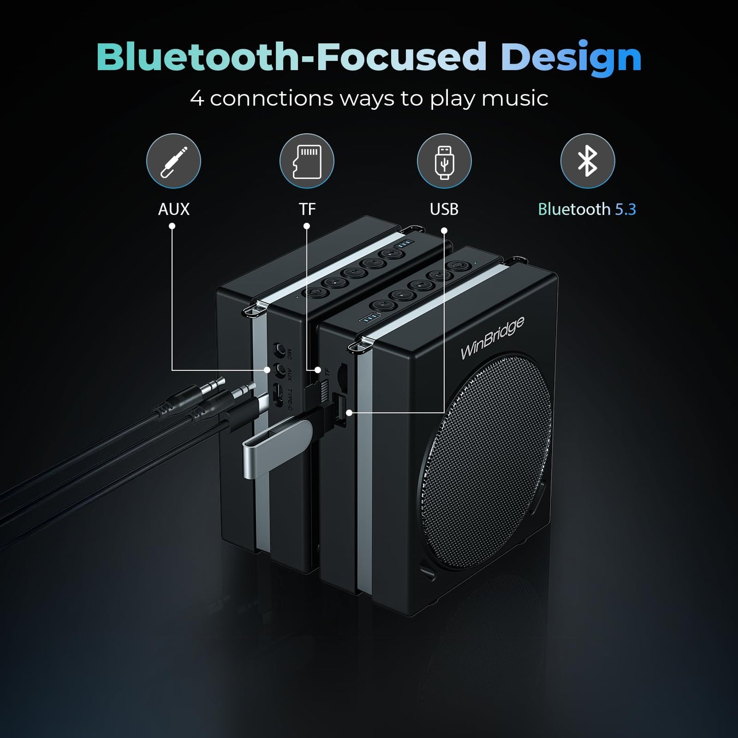 WinBridge Voice Amplifier for Teachers, Portable PA System for Public Speaking, Bluetooth Speaker with 2 Microphones for Classroom, Karaoke, Event Hosts, 30W DSP, BT/USB/TF/AUX - Black, S90