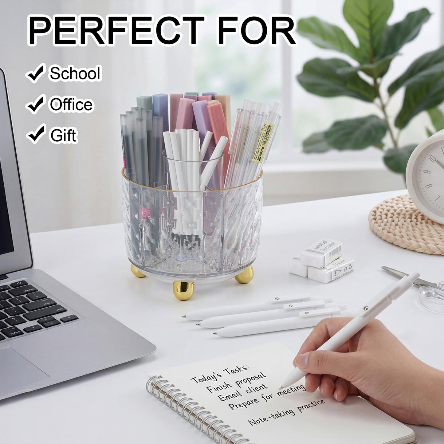 Eersida 44 Pcs Aesthetic School Supplies with 360° Rotating Pen Organizer, Office Supplies, 12 Highlighters, 5 Ink Gel Pens, 6 Mechanical Pencils Set for Stationary Office Desk Accessories(Clear)