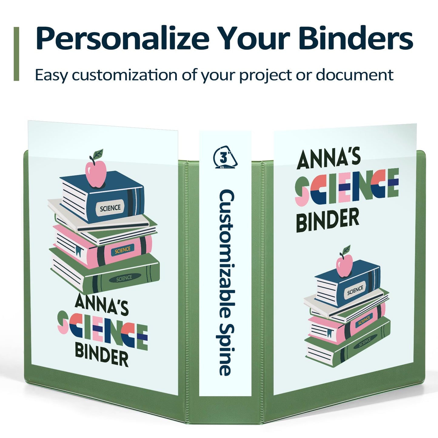 Sooez BinderX Extra Durable 3 Inch 3 Ring Binder, D-Ring Large Binder, Holds 670 Sheets of 8.5x11 Paper, Customizable View Cover with Inside Pockets, Heavy Duty 3 Ring Binder for School, Olive Green