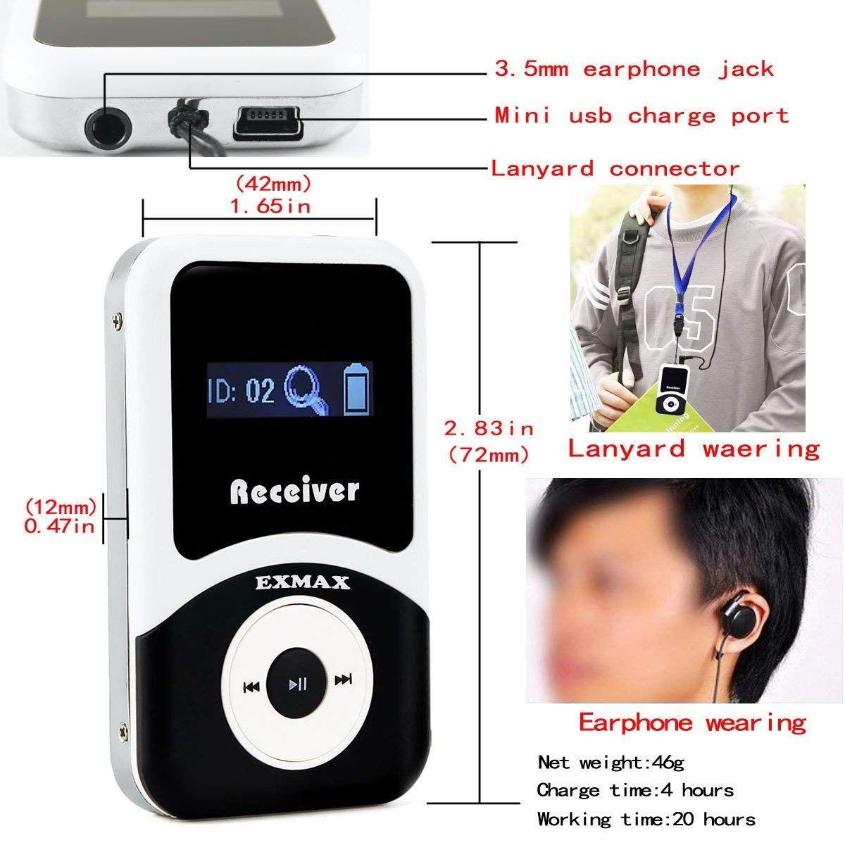 EXMAX® EX-100 Wireless Tour Guide System Translator Device for Courtroom Church Translation Simultaneous Language Interpretation City Tour Travel (1 Transmitter 8 Receivers 16-port Charging Station)