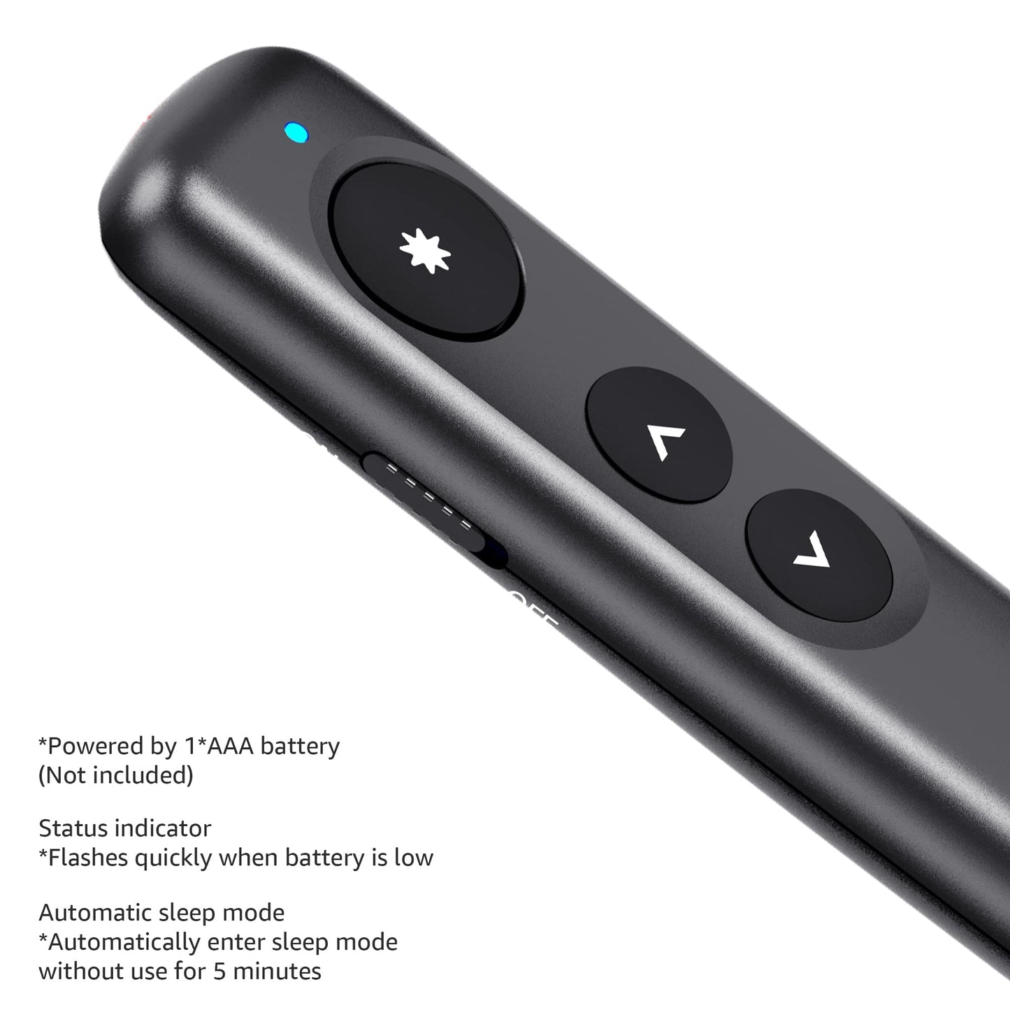Amazon Basics Wireless Presenter Remote, Presentation Clicker with Red Laser Pointer, PowerPoint Clicker, Slide Advancer, 2.4GHz, Plug & Play, Battery Operated, Hyperlink