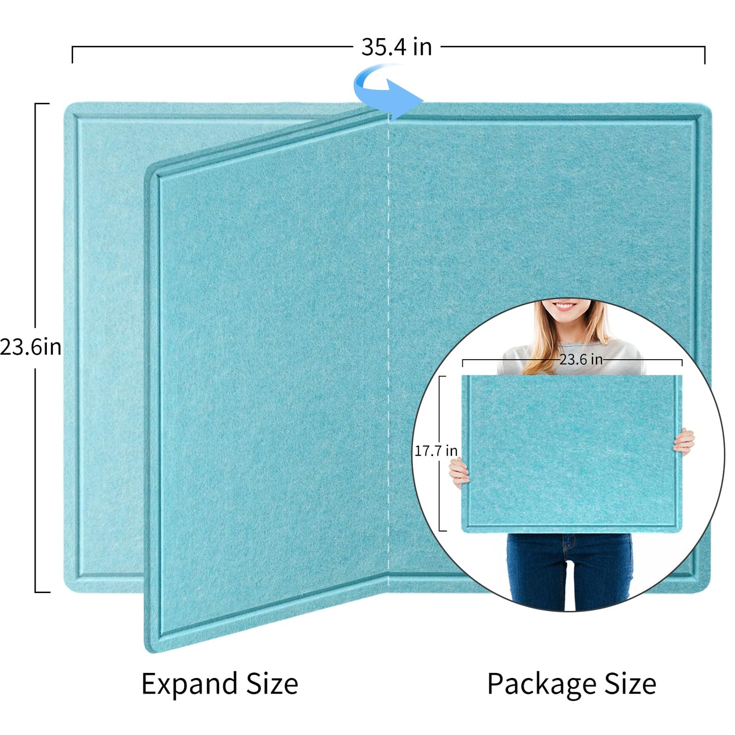 Bulletin Board, 36 x 24 inches Felt Board - Decorative Pin Board, Cork Board Alternative for Wall, 3' x 2' Foldable Picture Board Self-Adhesive Vision Board with 20 Pushpins - Turquoise Blue