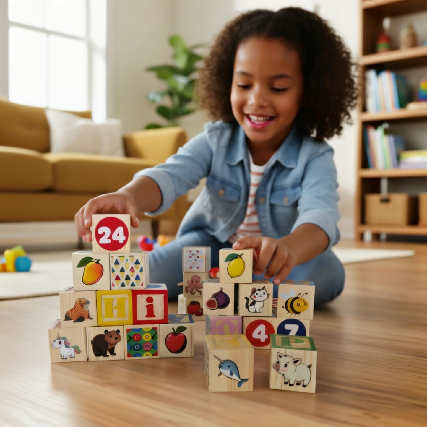 Tot Dojo ABC-123 Pine Wood Educational Blocks Set, 26 Pieces – Alphabet, Numbers, Animals, Fruits & Patterns for Toddlers