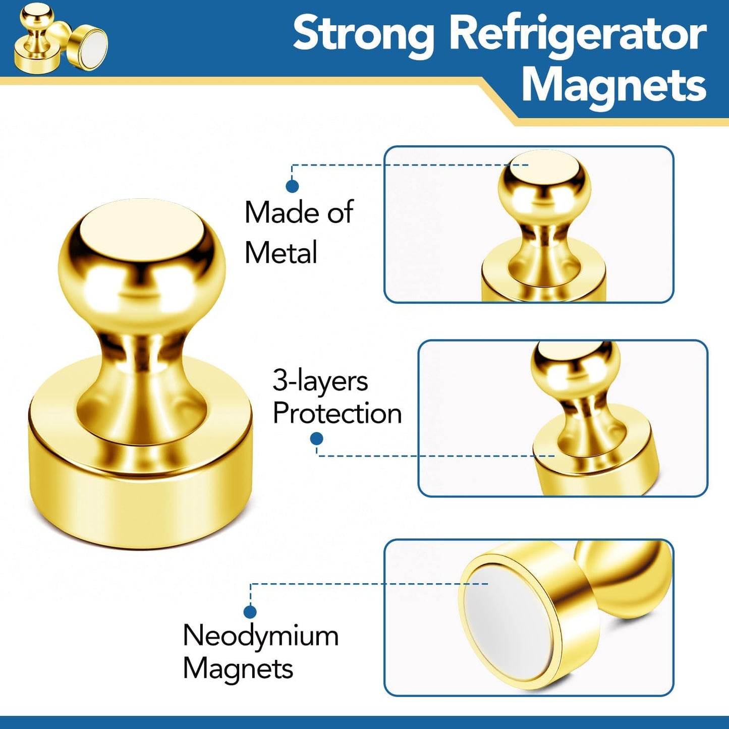 LOVIMAG Fridge Magnets 50Pcs Refrigerator Whiteboard Small Strong Magnet Classroom Kitchen Accessories Decorative Locker Set Decor Must Haves Office Calendar Refrigerador Magnetic Cute Crafts Gold