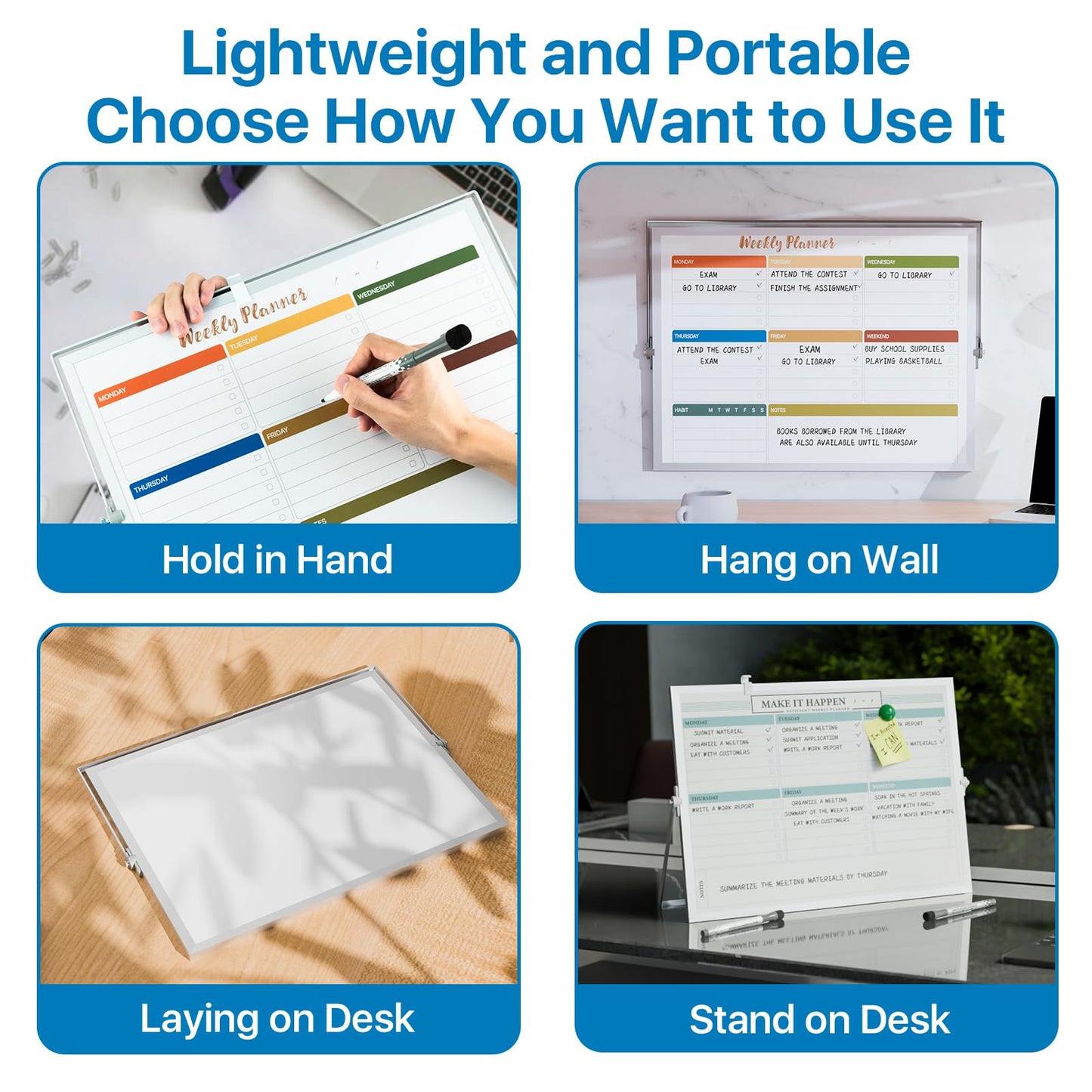 Marsrock Dry Erase White Board with Stand,Double-Sided Weekly Whiteboard 16"x12", 10 Markers, 6 Magnets, 1 Eraser, Portable Desktop Whiteboard for Planning,Weekly Schedule Board for School for Home