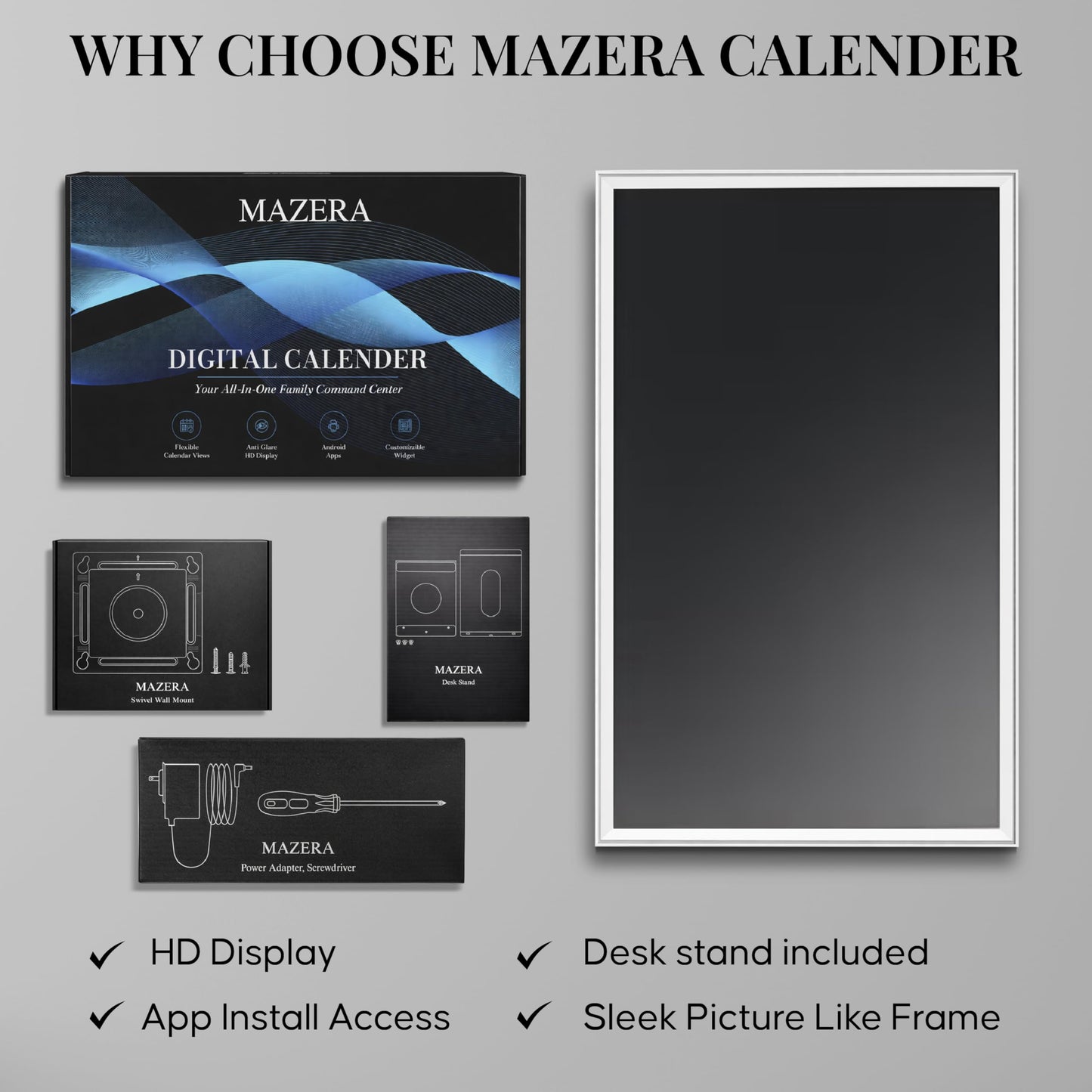Mazera 21.5" Smart Family Hub & Digital Calendar - Electronic Wall Planner, Touchscreen Family Dashboard, Shared Calendar, No Subscription, Install Apps, Sync Schedules, Meal Planner, To Do Lists, Wall Mount & Stand