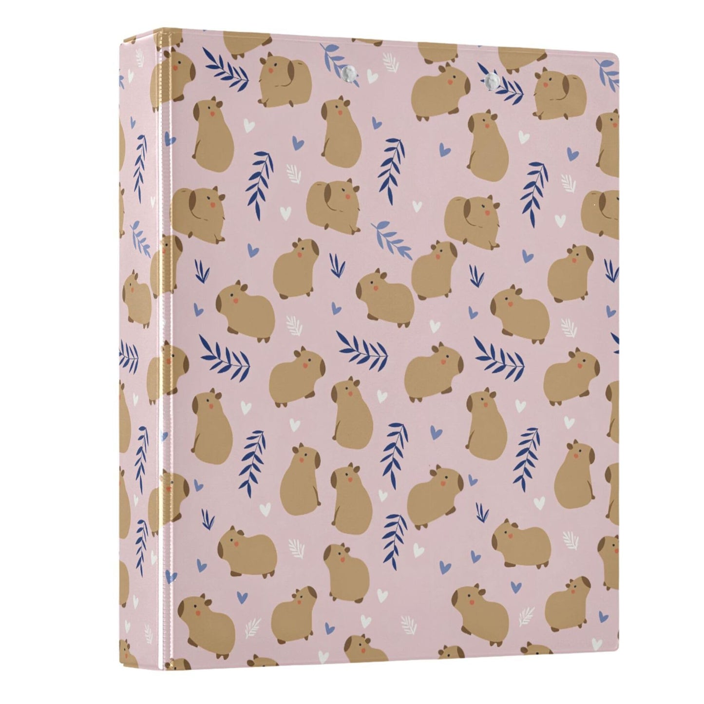 Cute Capybara Round Ring Binders 1.5 Inch Flowers Strawberry Doodle Pattern 3 Ring Clipboard Binder for Office School Work Supplies File Folder 200 Sheet Capacity