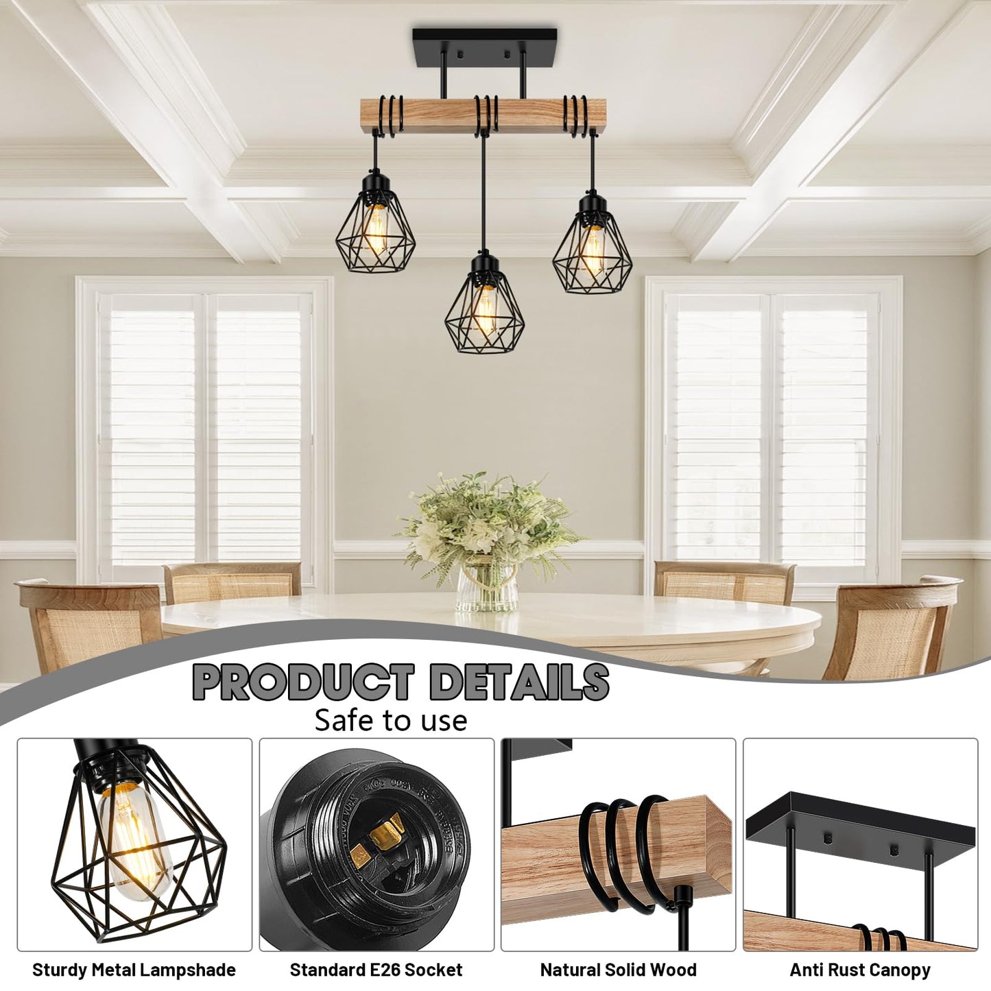 Feanron Pendant Light Fixture, 3-Lights Rustic Wood & Metal, Black Ceiling Lamp for Dining Room, Model ZSLDD-3L