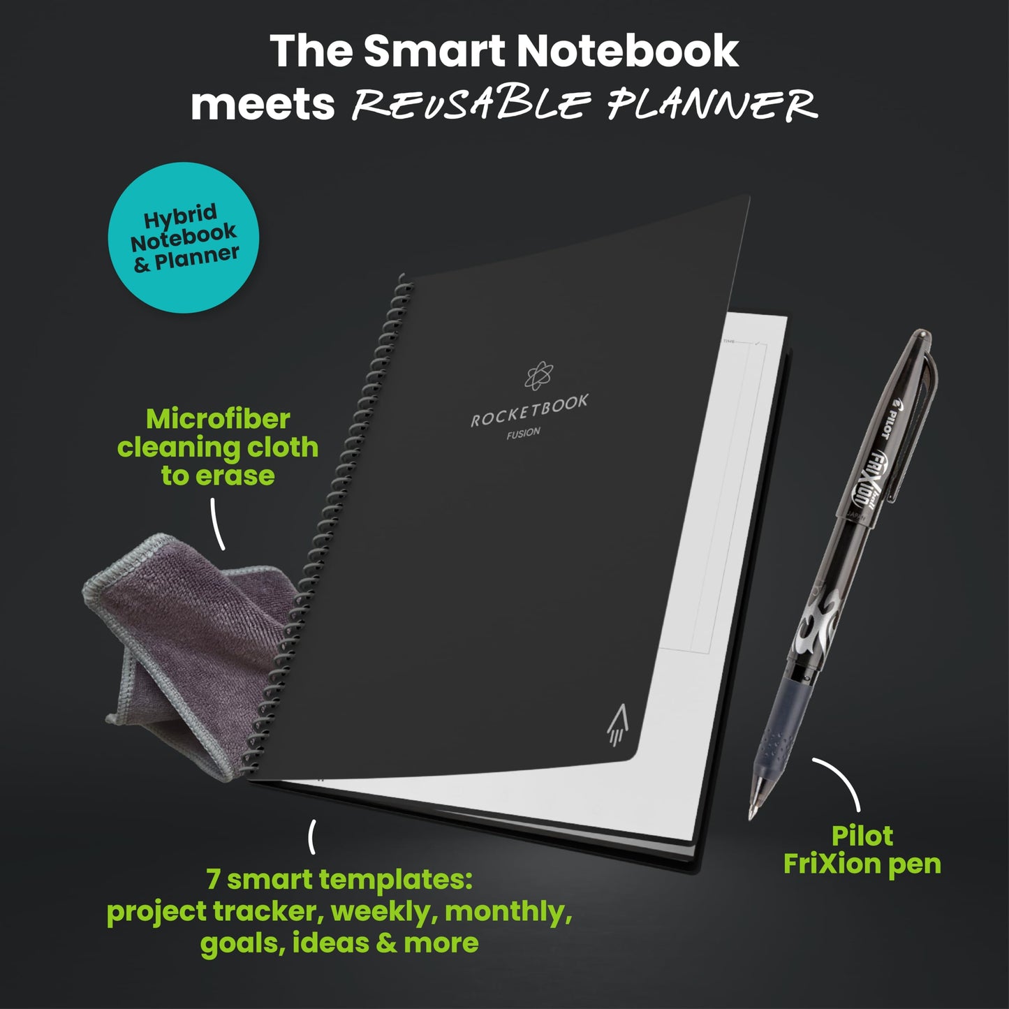 Rocketbook Fusion Hybrid Reusable Planner and Notebook in One, Additional Blank Pages, Goal and Project Tracker, Undated Planner, Letter Size 8.5x11, Black (Pack of 1)