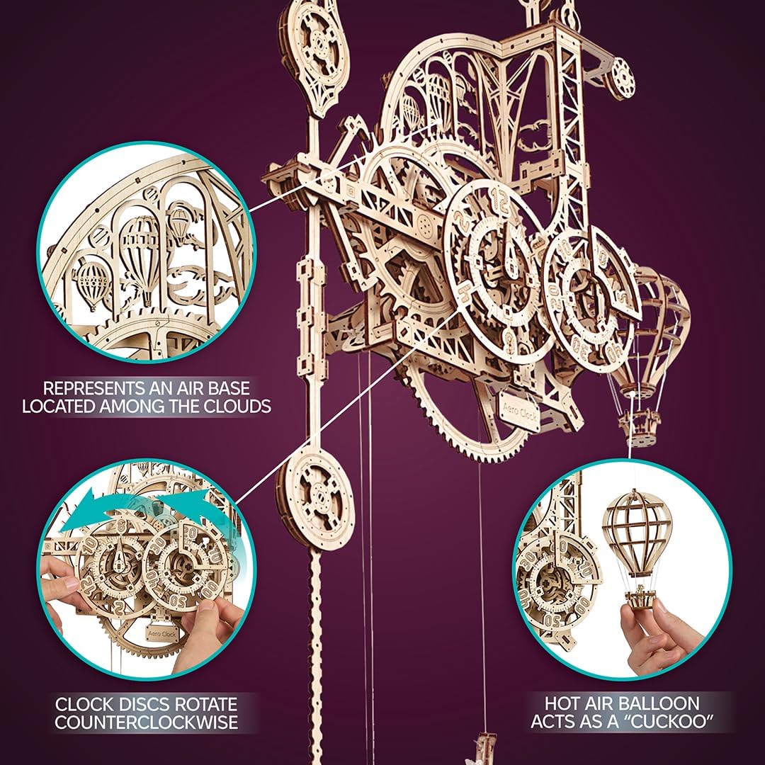 UGEARS Aero Clock Wooden 3D Puzzles for Adults - Mechanical Wooden Model Kits for Adults to Build, Wall Clock 3D Puzzle with Pendulum Model Kit, DIY Miniature Kit Crafts Gift for Fathers Day