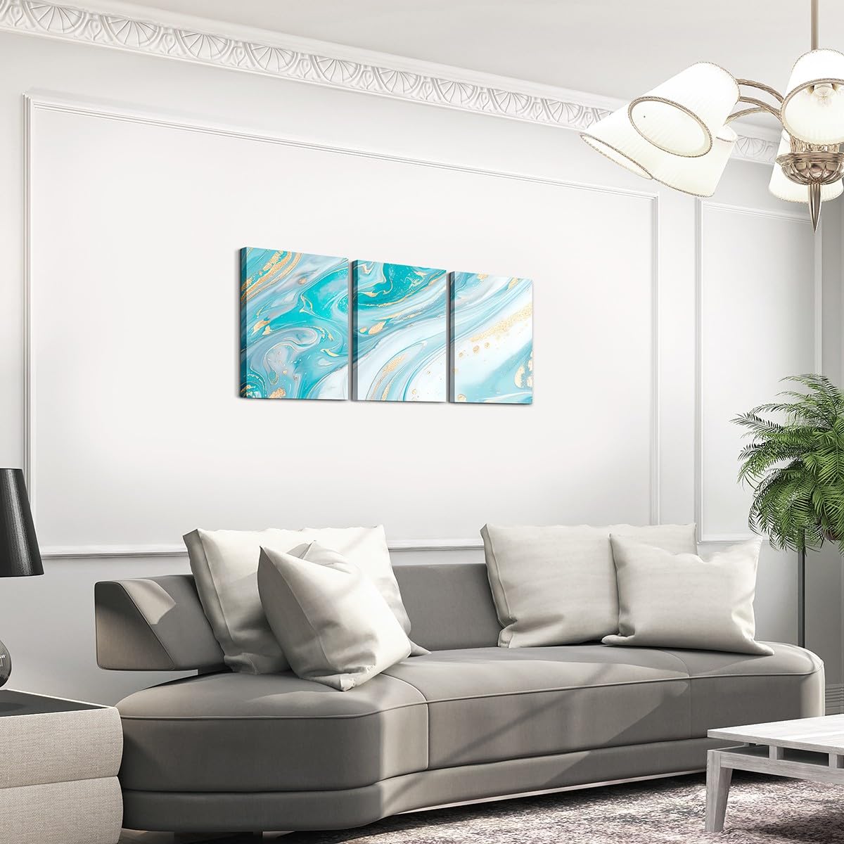 3 Piece Blue Marble Canvas Wall Art for Living Room Bedroom, Pastel Golden Blue Golden Paintings Wall Decor Modern Abstract Wall Art Luxury Decor Poster Prints Ombre Artwork Prints
