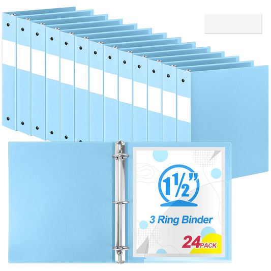 Henoyso 24 Pcs Light Blue 1.5" 3 Ring Plastic Binder Bulk, 1 1/2 Inch Soft Flexible Binders Round Rings, Fits Letter Size 8.5'' x 11'' Paper, Holds 350 Sheets, for School Office (1.5 Inch)