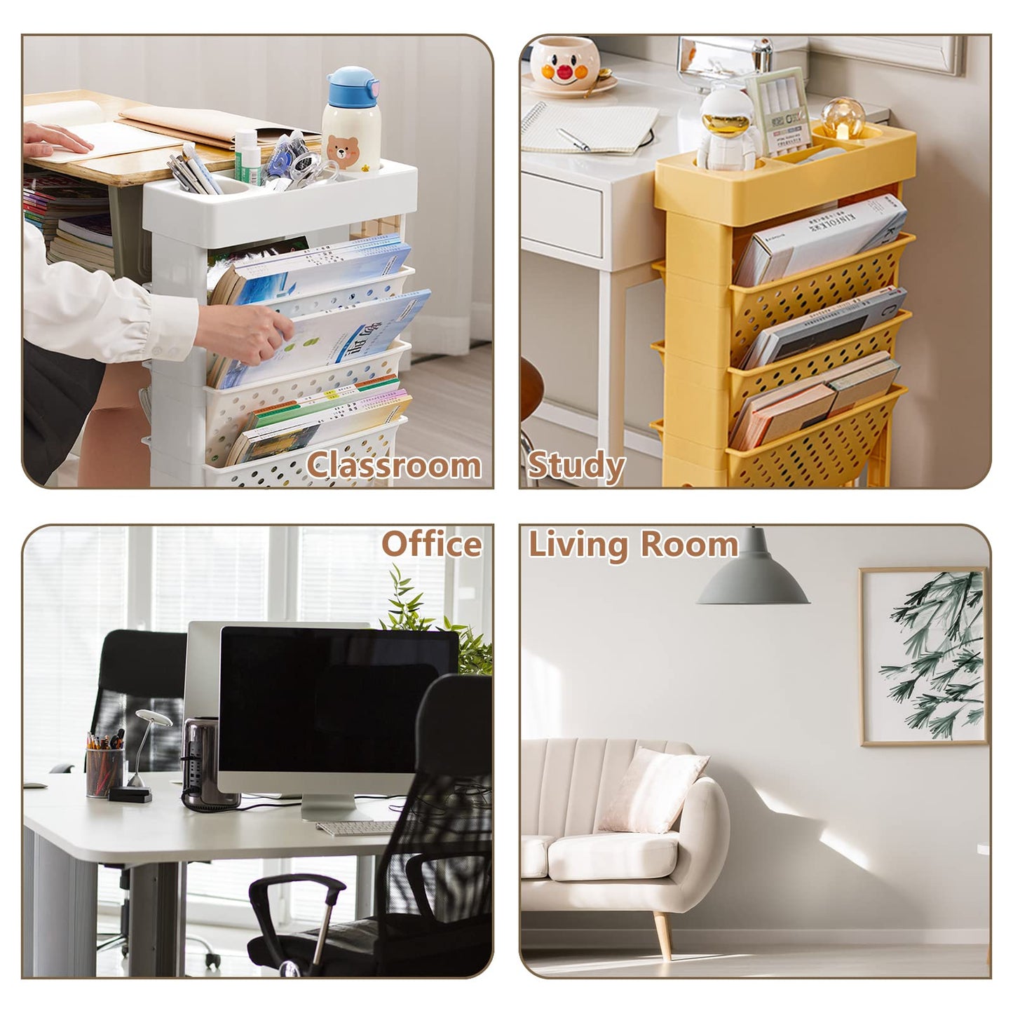 CINPIUK Yellow Rolling Office Paper Organizer, Mobile Book Cart Document Folder File Storage with Pen Holder, Slim Rolling Storage Cart Movable Bookshelf for Office, Dorm, Classroom, Nursery