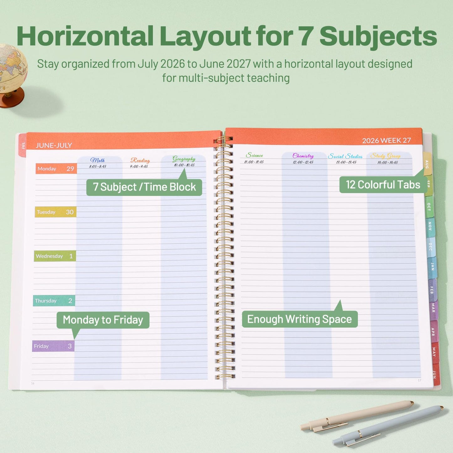 SUNEE Teacher Planner 2026-2027 Academic Year, 7 Periods Lesson Plan Book Jul 2026 - Jun 2027, 8.5"x11"Daily Weekly Monthly Organizers Horizontal Layout with Calendars, Bookmark, Tabs, Wildflowers