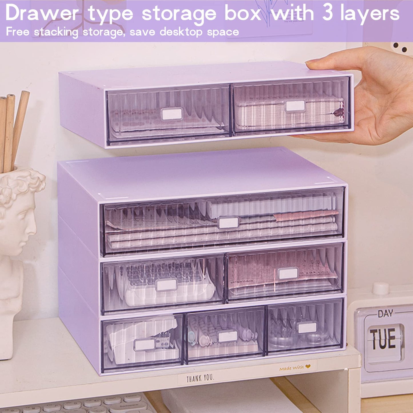 3 Tier Stackable Desk Organizer with 6 Drawers, Plastic Desktop Storage Box Drawers, Detachable Makeup Storage Office Stationery Supplies Organizer for Office School(Purple)