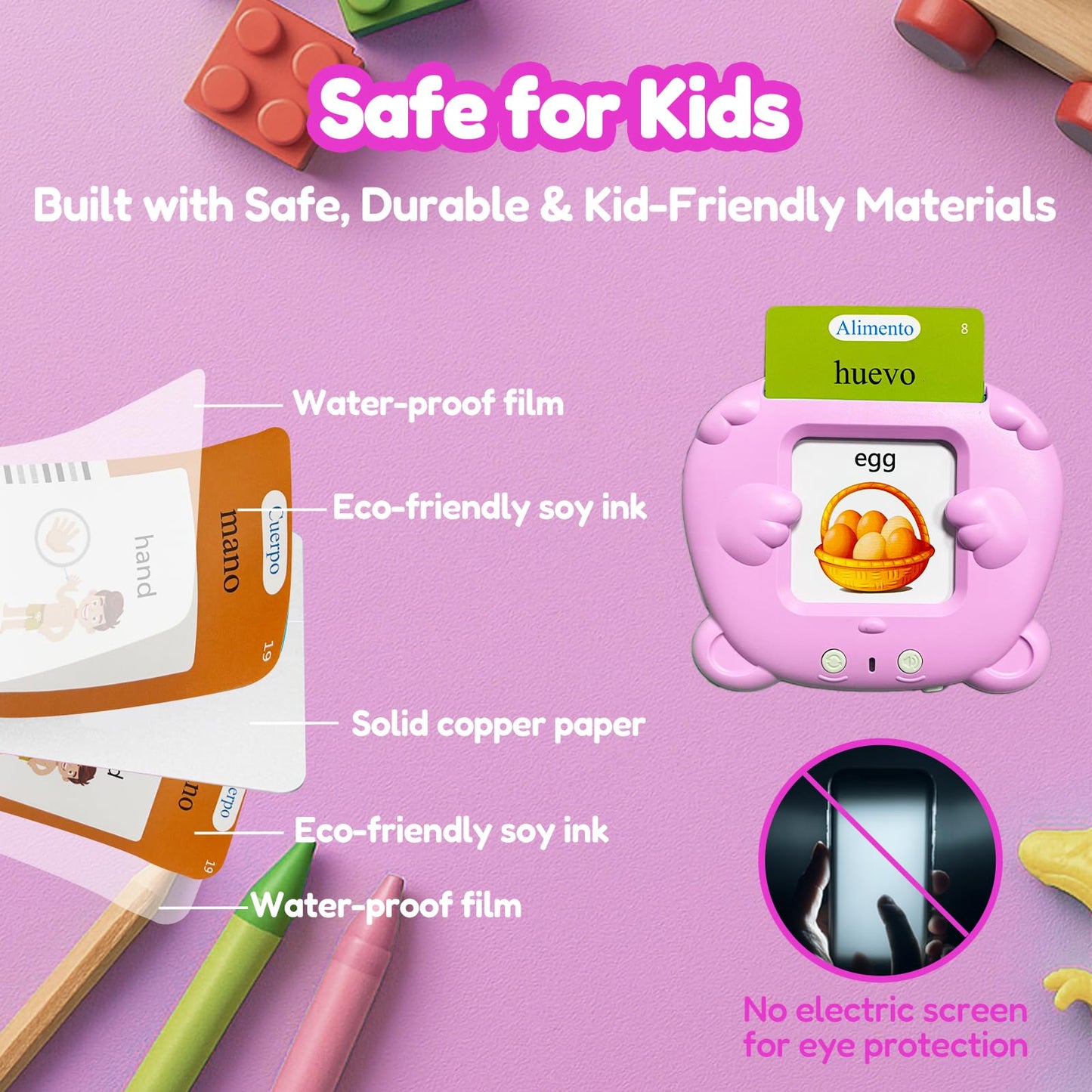 MoLingvora Bilingual Talking Flash Cards for Kids - Español Spanish English Flashcards Children Adults, 510 Sight Words, ABC Alphabet, Pocket Speech for Toddlers, Audible Sensory Toys (Spanish, Pink)