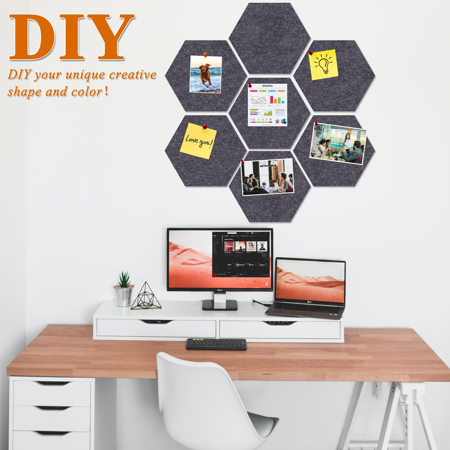 HULAVO Large Hexagon Felt Cork Board Tiles, Self Adhesive DIY Felt Bulletin Board Pin Board with 35 Pushpins for Office School Home Wall Decor Stickers Memos Photos Display(Deep Grey)
