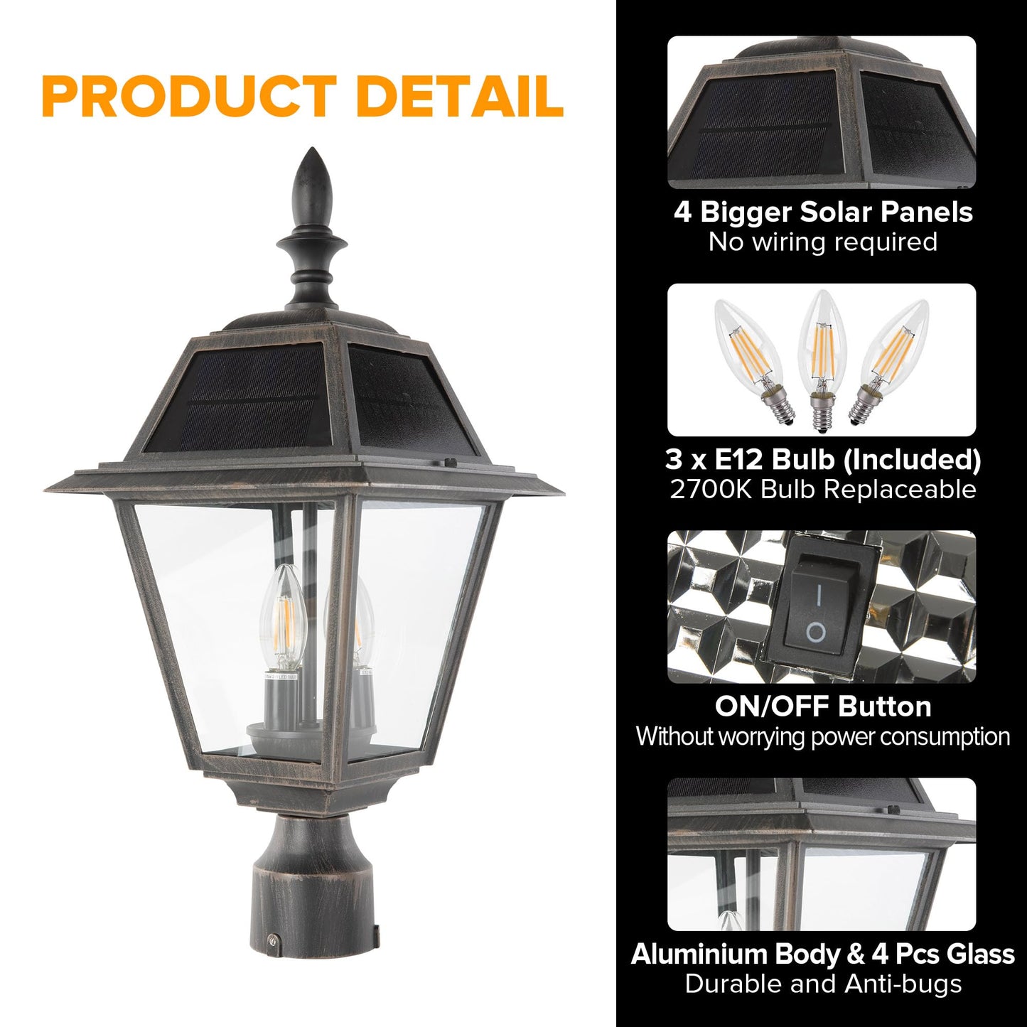 LUTEC Outdoor Solar Lamp Post Light, Dusk to Dawn, 300LM, Waterproof, Brown, Model 6936704213